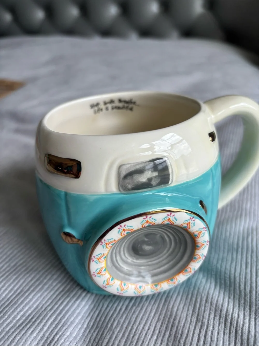 Natural Life Ceramic Camera-Shaped Mug in Aqua and Cream
